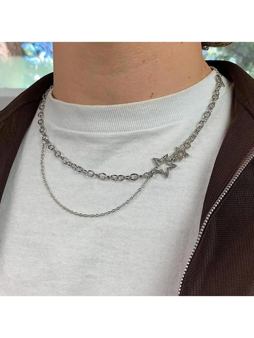 Y2k 2000s cyber rhinestone double star pendant layered chain necklace. Cool